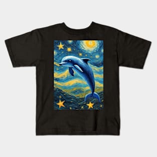 Adorable Dolphin Animal Painting in a Van Gogh Starry Night Art Style Kids T-Shirt